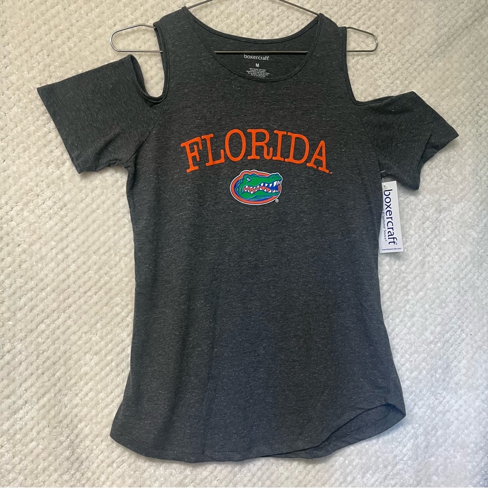 Boxer craft Womens Florida Gator Football T-Shirt Gray Orange Open Shoulder NWT